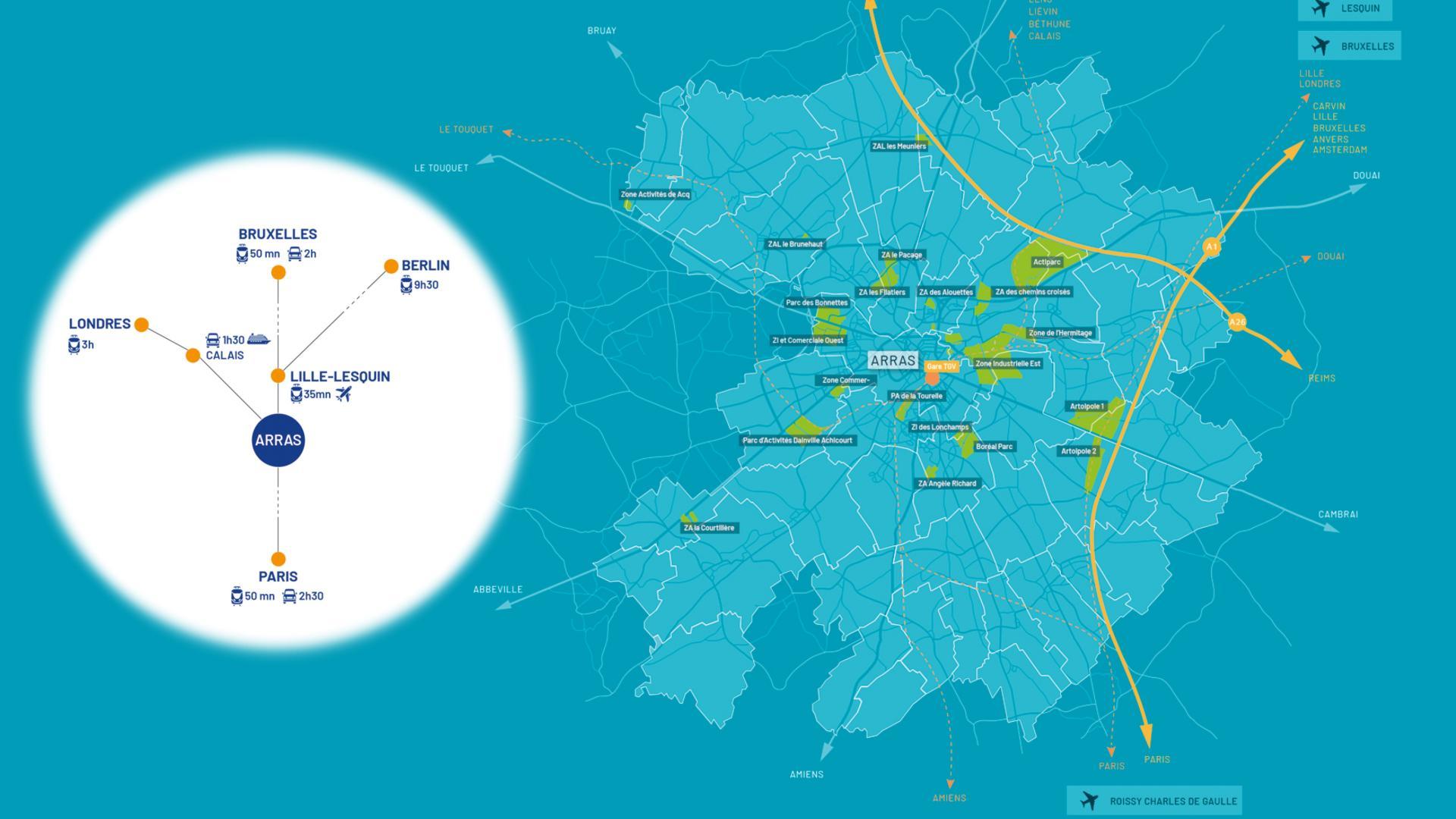 Carte des infrastructures et de l’environnement territorial autour d’Arras
